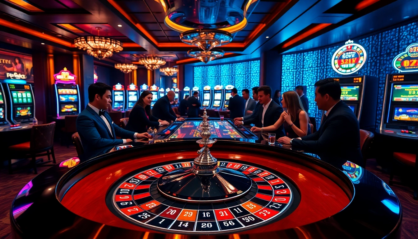 Players enjoying a casino atmosphere at https://bl555.family/, engaging in roulette with colorful chips and cards.