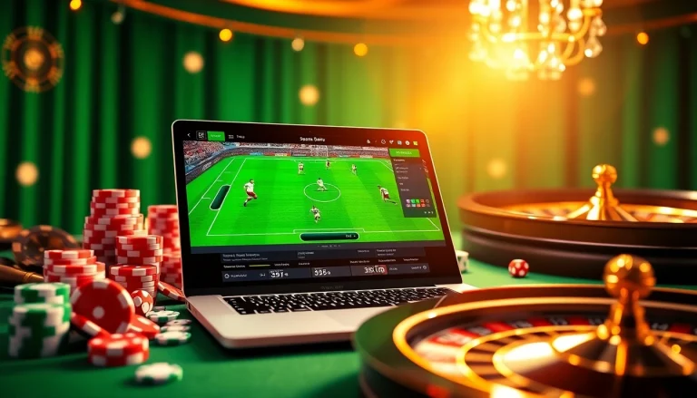 Stunning online betting image illustrating แทงบอลยังไง with a dynamic laptop display showing a football match.