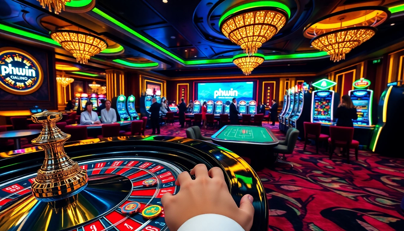 Experience thrilling gameplay with PHWIN at a vibrant casino table featuring roulette, slots, and betting chips.