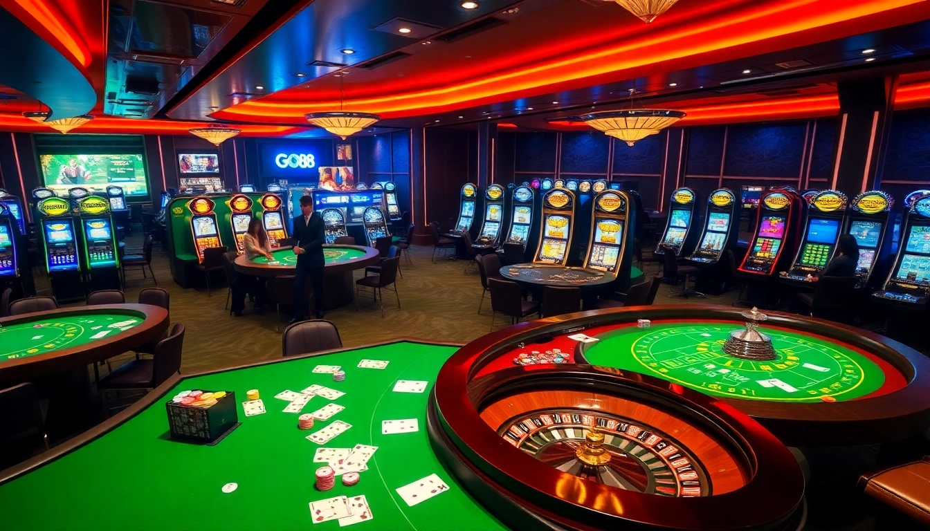 GO88 casino scene showcasing excitement with players at tables, vibrant poker chips, and illuminated slot machines.