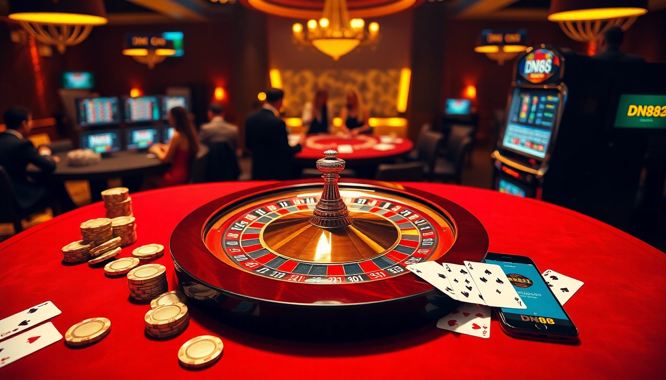 Experience engaging online gambling action at https://dn882.pro/ with a luxurious casino scene featuring roulette and poker elements.