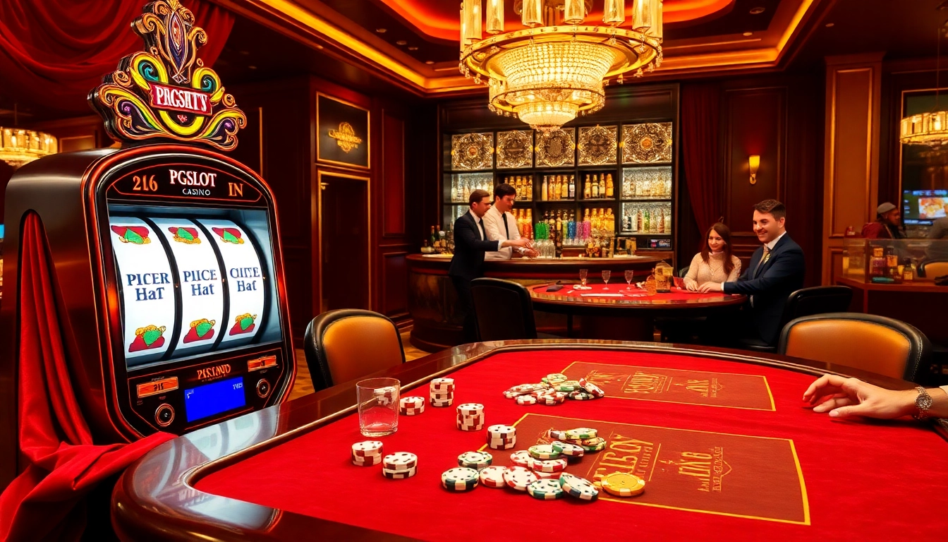 Experience the excitement of PGSLOT IN with a glamorous casino scene featuring elegant gaming tables and a lively atmosphere.