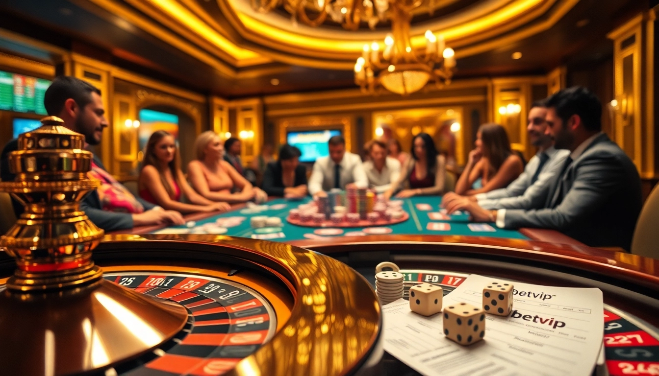 Cờ bạc tại bàn casino sang trọng với thương hiệu BetVIP, hiển thị chip poker và vòng roulette đang quay.