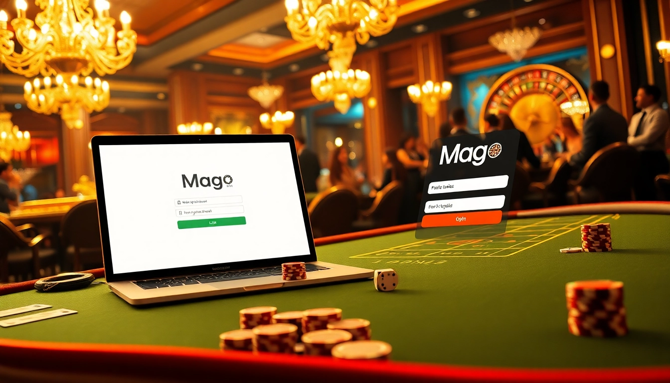 Securely accessing Mag Login at an elegant casino poker table surrounded by chips and cards.