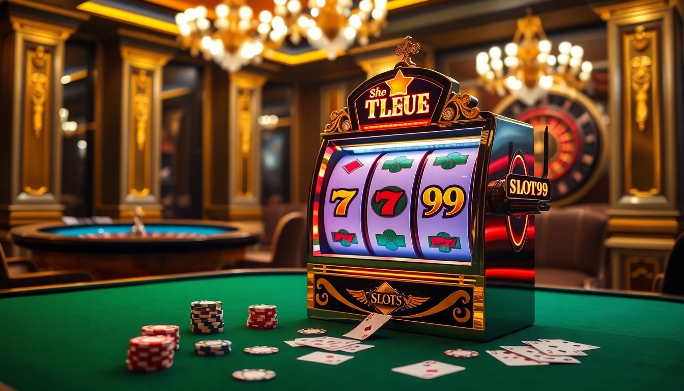 SLOT99 slot machine in a luxurious casino setting, featuring vibrant graphics and poker chips.