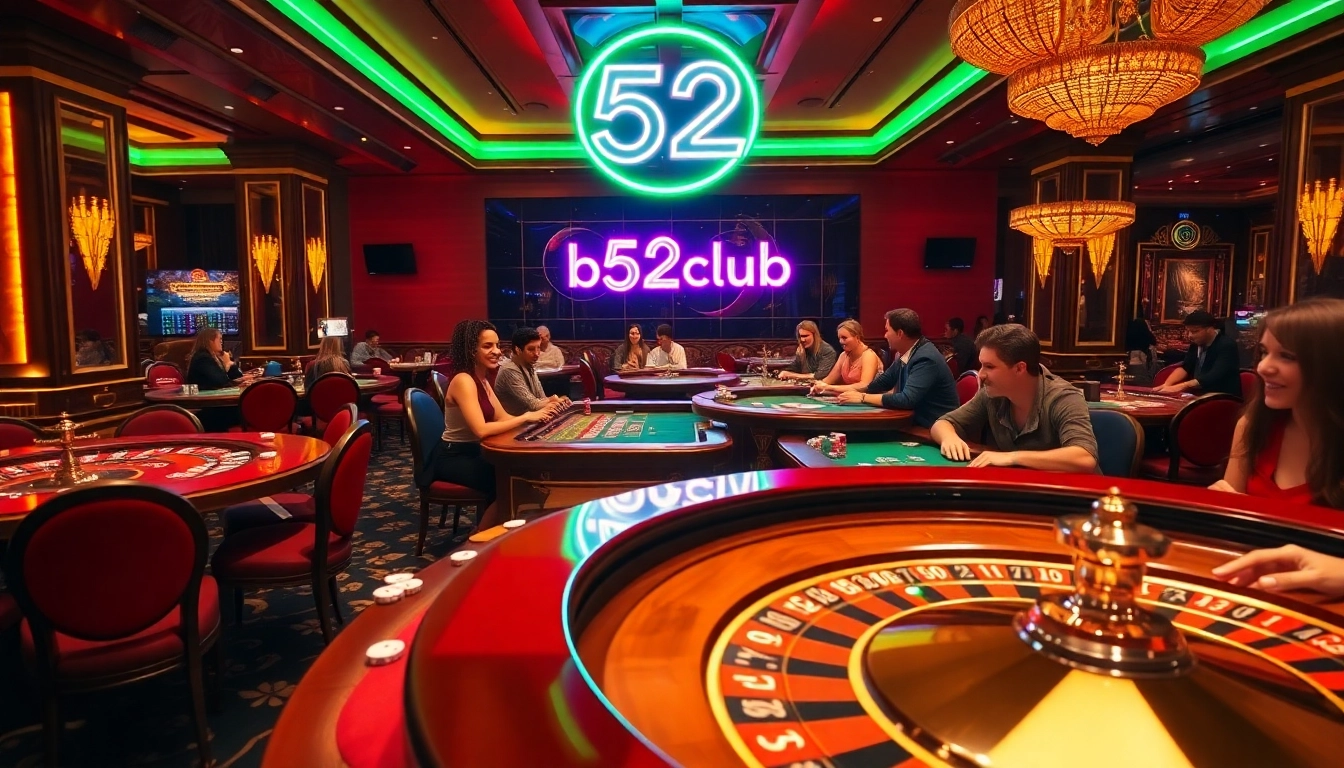 Gamblers enjoying a lively scene at b52club casino tables with roulette and poker action.