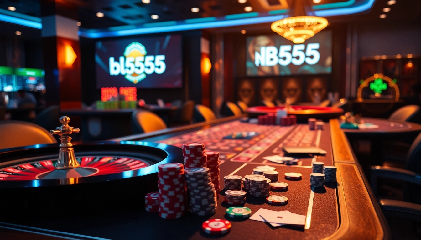 Bl555 casino scene featuring vibrant poker chips, cards, and roulette reflecting a thrilling gambling atmosphere.
