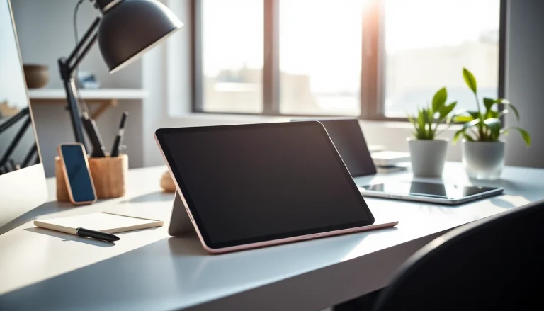 Usando el iPad Mini 6 en un elegante escritorio minimalista rodeado de tecnología avanzada.