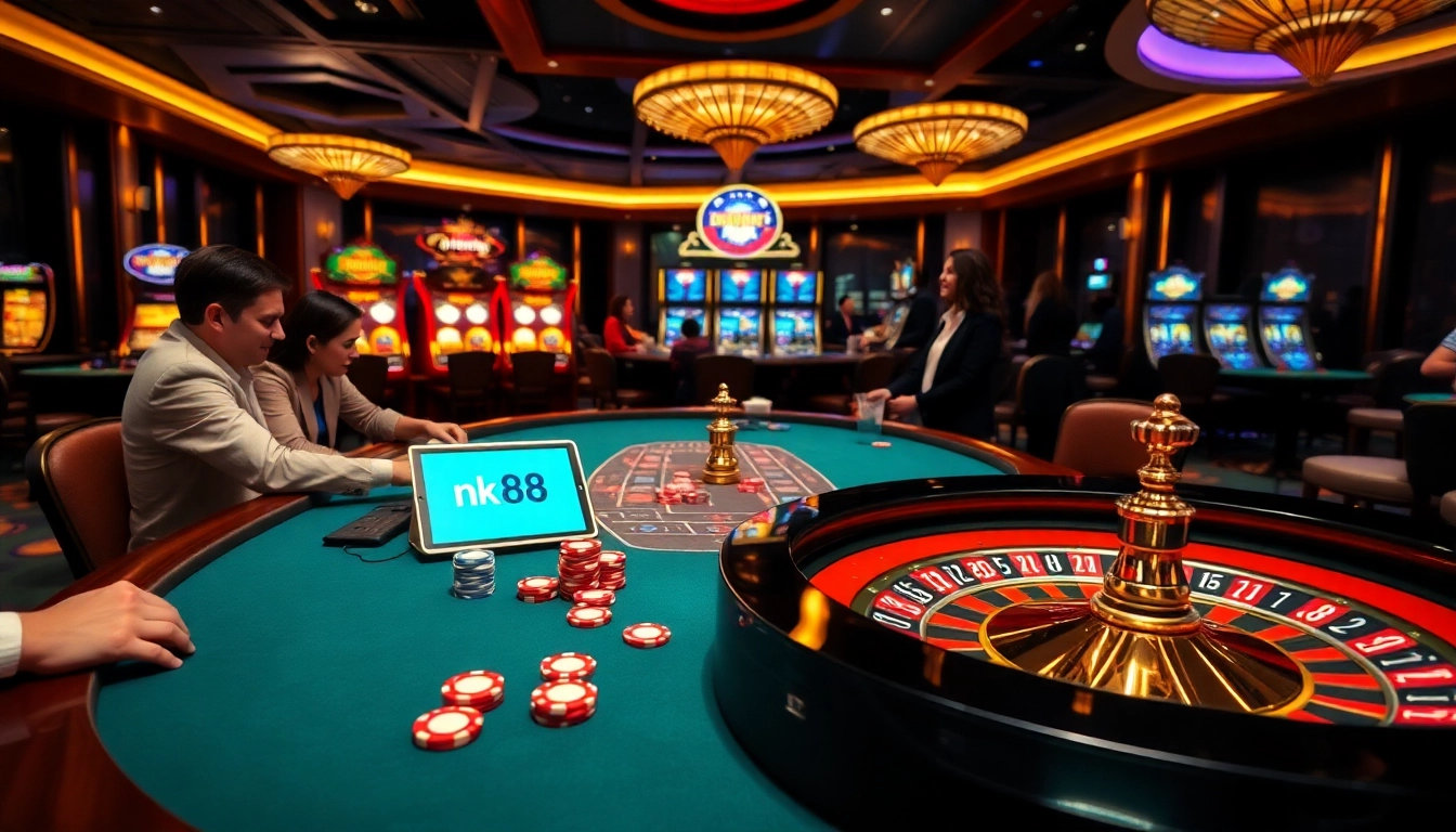 Nk88 players strategizing at a luxurious poker table amidst vibrant casino visuals.