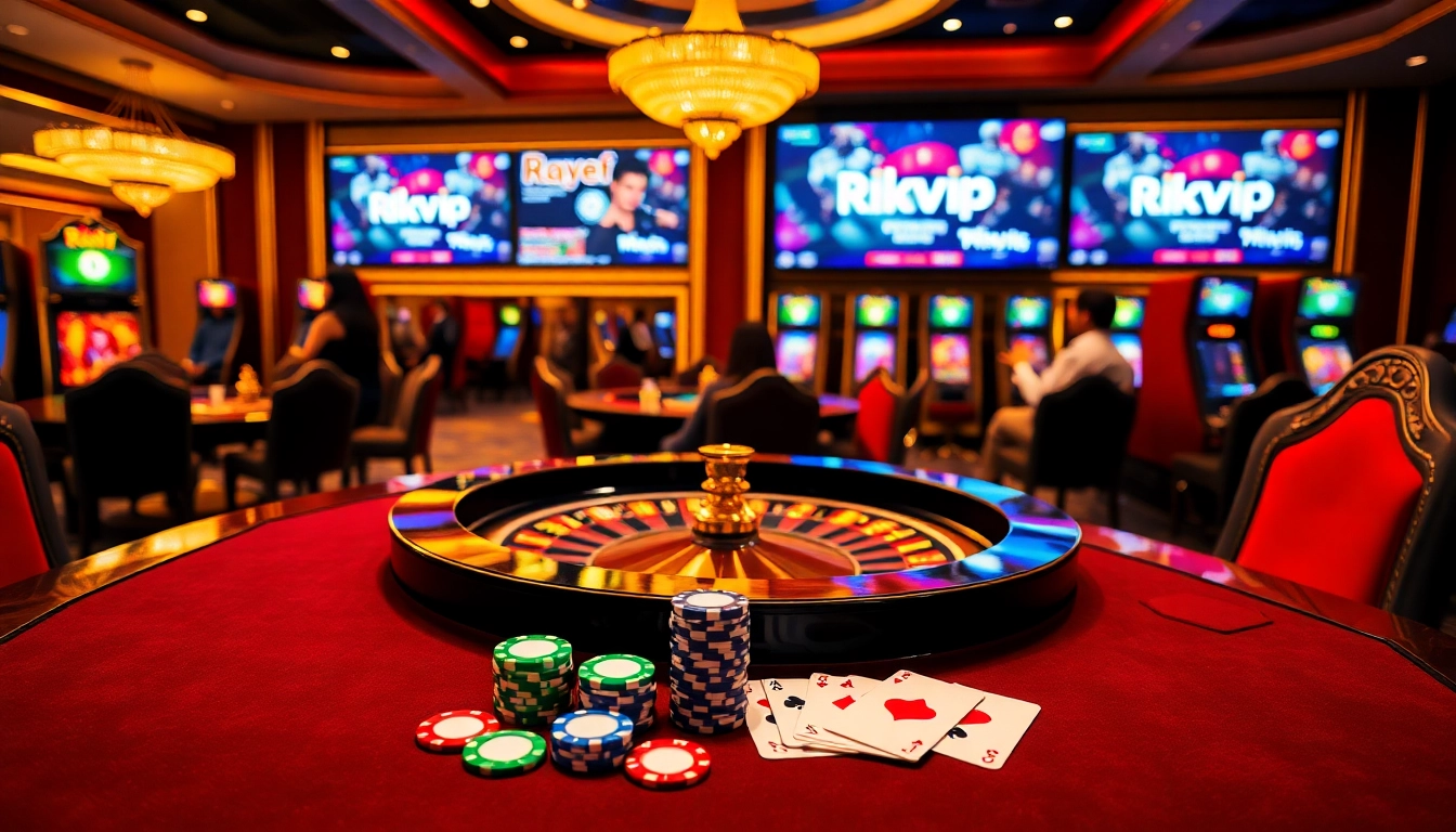 Experience the thrill of Rikvip with vibrant poker chips and a stylish roulette wheel.