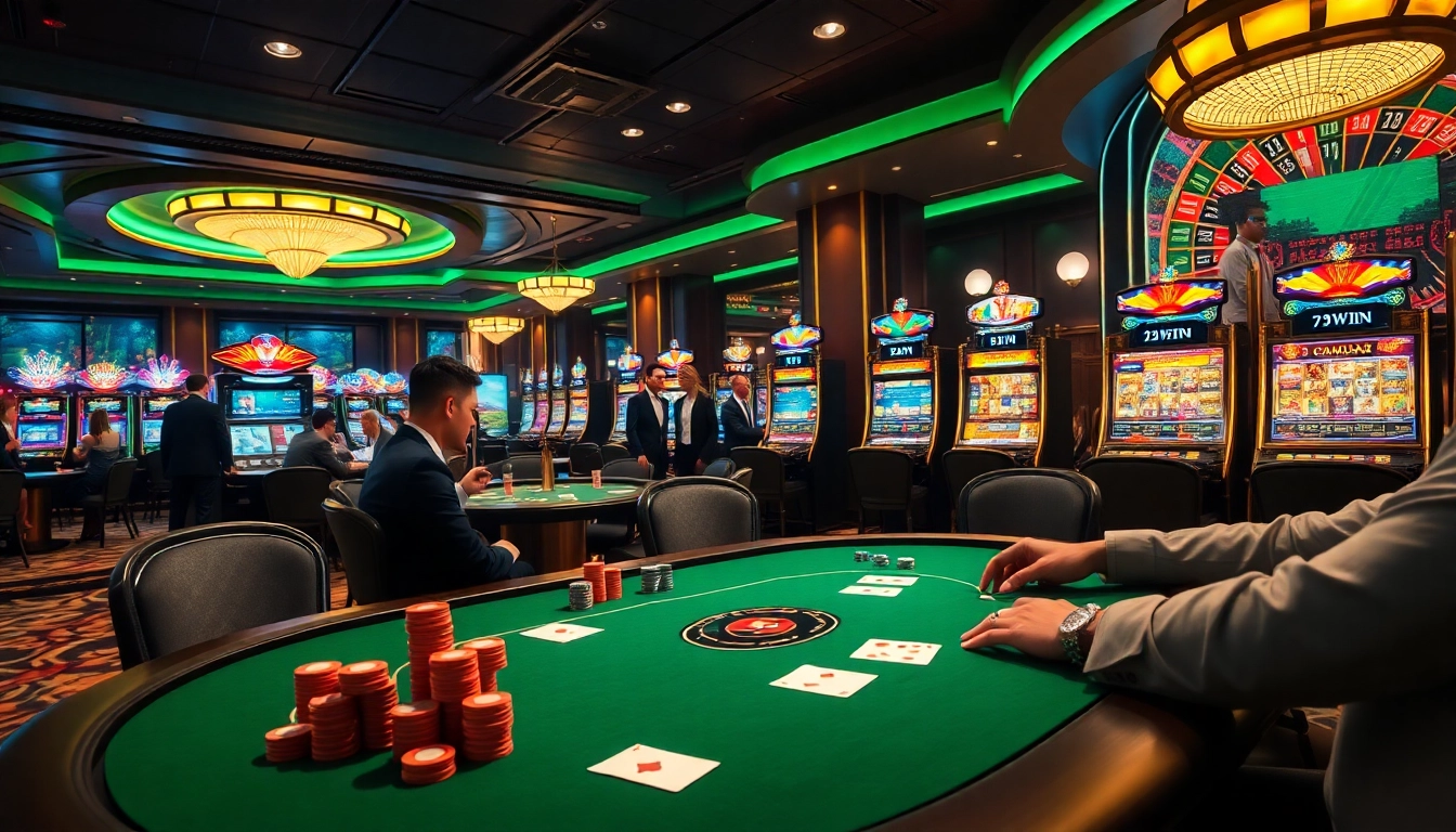 Engaging casino scene at https://789wins1.net/ with poker players and slot machines, capturing the thrill of gambling.