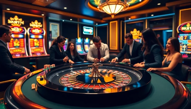 Players enjoying the thrill of bk8th casino games at a luxurious gaming table.