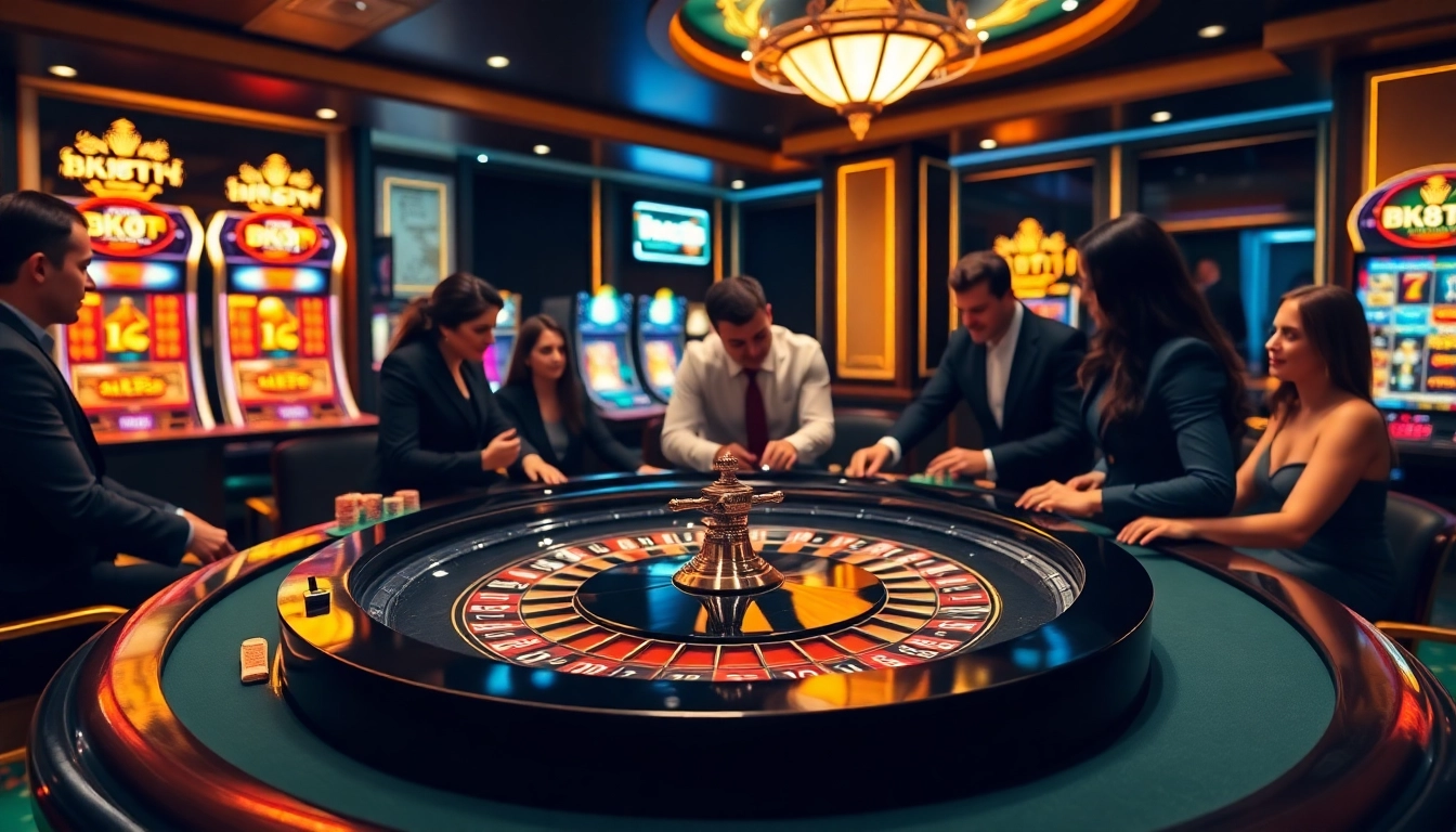 Players enjoying the thrill of bk8th casino games at a luxurious gaming table.