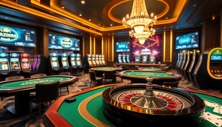 An exciting casino scene representing online gambling at https://dr88.de.com/, featuring luxurious tables and vibrant slots.