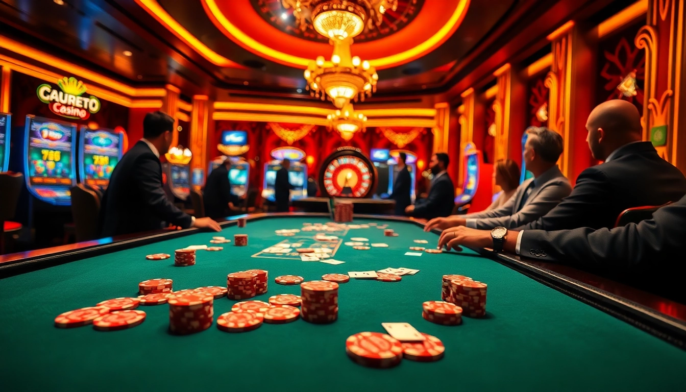 Experience thrilling gameplay at Man88 with players engaged at the poker table, surrounded by vibrant casino visuals.