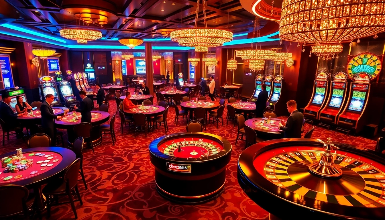 Engage in an exciting casino experience at dn88.tips with vibrant poker tables and roulette wheels.