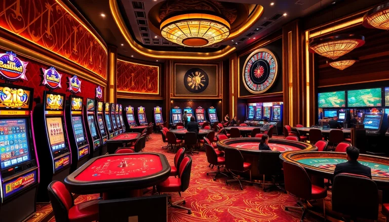Excited players enjoying casino games at 222bd with vibrant slot machines and tables.
