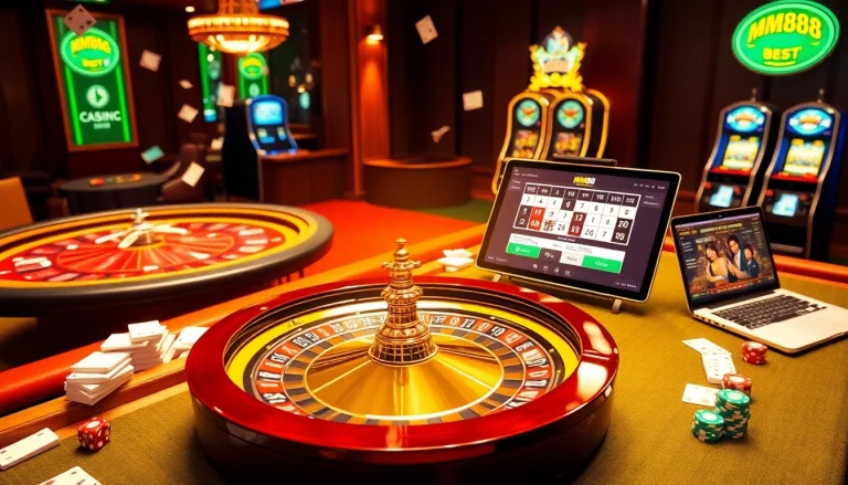 Experience high-stakes gambling excitement at MM88 with vibrant tables, cards, and roulette wheels.