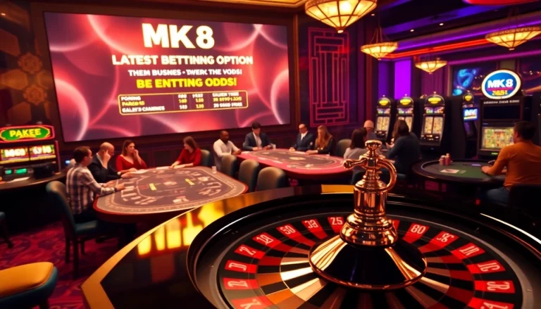 Experience thrilling gambling at MK8 with vibrant tables, spinning roulette, and excited players.