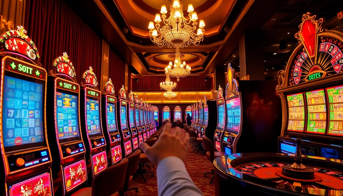Excited player engaging with PG SLOT machines in a luxurious casino environment with vibrant colors and dynamic decor.