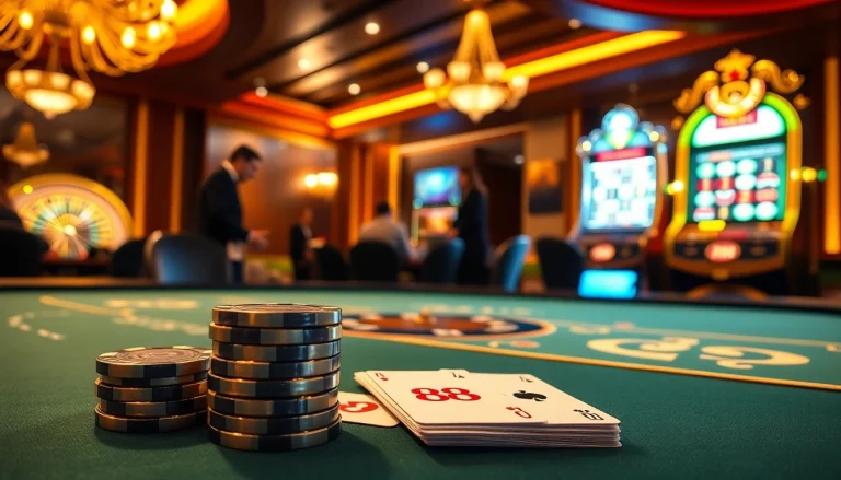 Exciting poker action featuring rr 88 chips and cards in a luxurious casino atmosphere.
