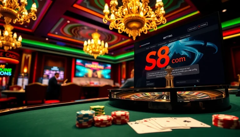 Gambling excitement at s8 com with roulette wheels and poker chips in a luxurious casino setting.