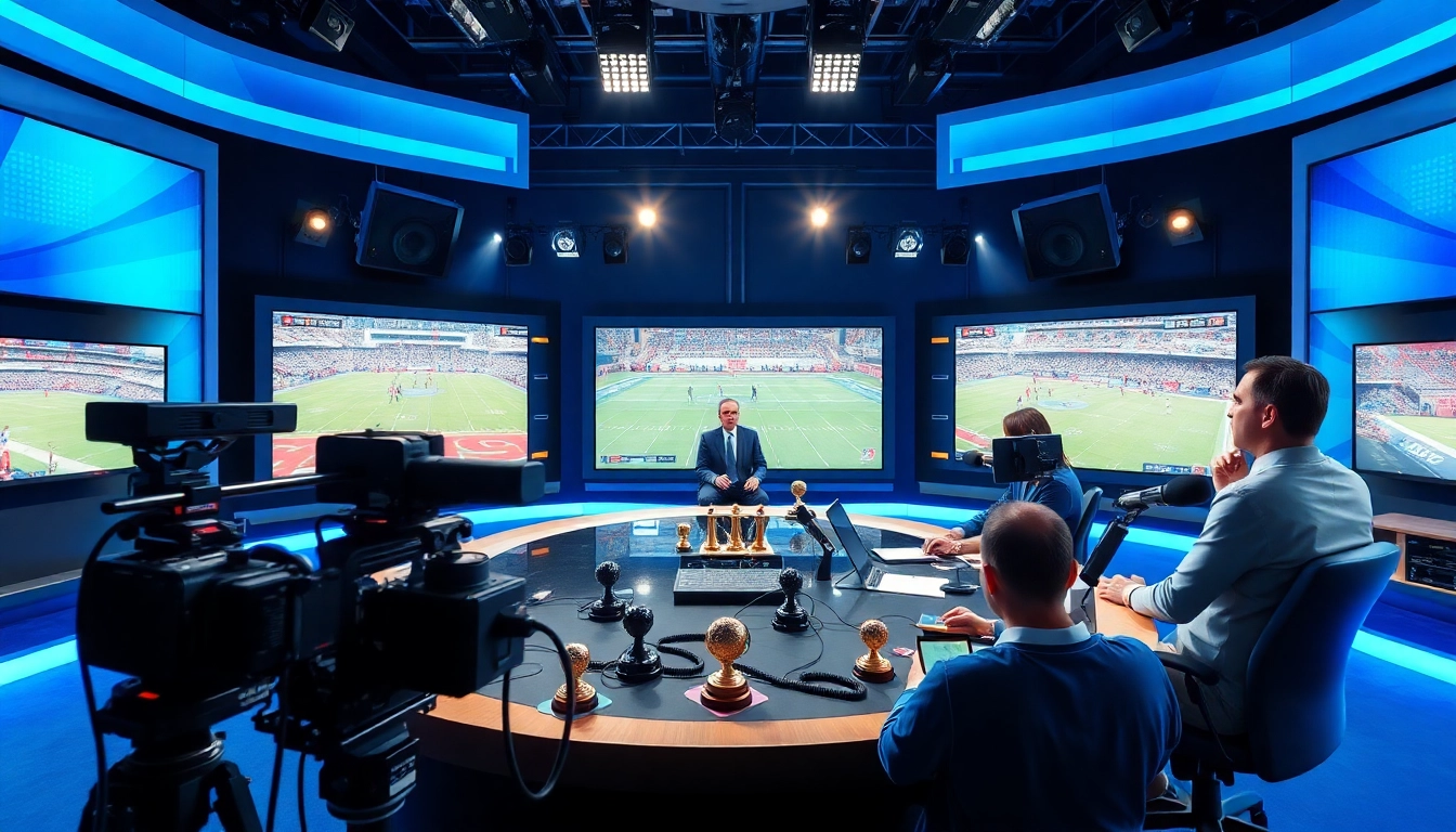 Sports Broadcasting presenters at a high-tech studio sharing insights during a live event.