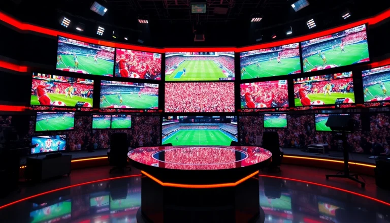 Captivating scene of sports broadcasting studio highlighting vibrant screens and dynamic setup.