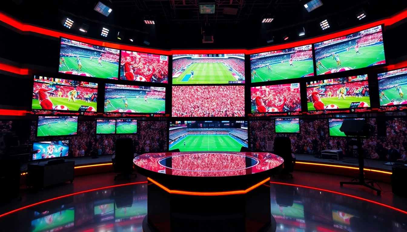 Captivating scene of sports broadcasting studio highlighting vibrant screens and dynamic setup.