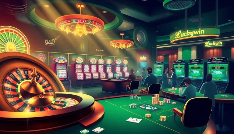 Players spinning the Luckywin roulette wheel and enjoying vibrant slot machines in a luxurious casino.