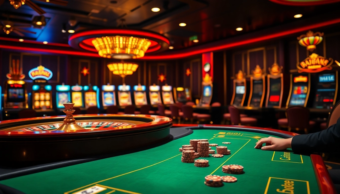 Players engaging in a thrilling game at raja 88 casino tables with vibrant scenes and elegant decor.