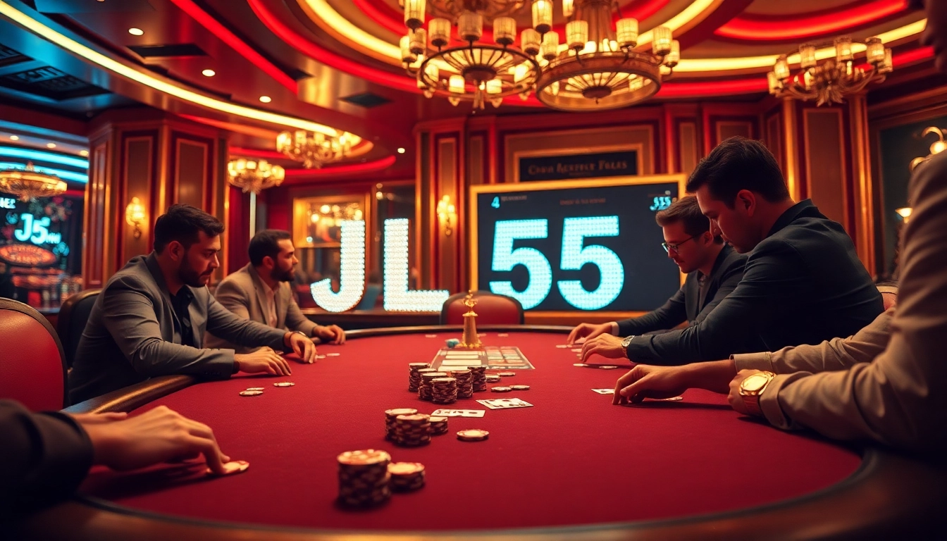 Experience the thrill of high-stakes gambling with JL55 at a vibrant casino table featuring poker chips and cards.