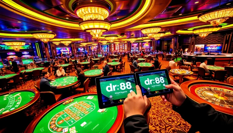Players enjoying games on https://dr88.co.com/ at a luxury casino featuring baccarat and roulette tables.