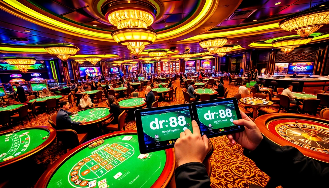 Players enjoying games on https://dr88.co.com/ at a luxury casino featuring baccarat and roulette tables.