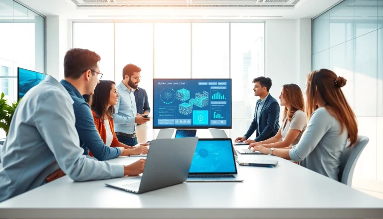 AI integration service provider team brainstorming innovative solutions in a modern office.