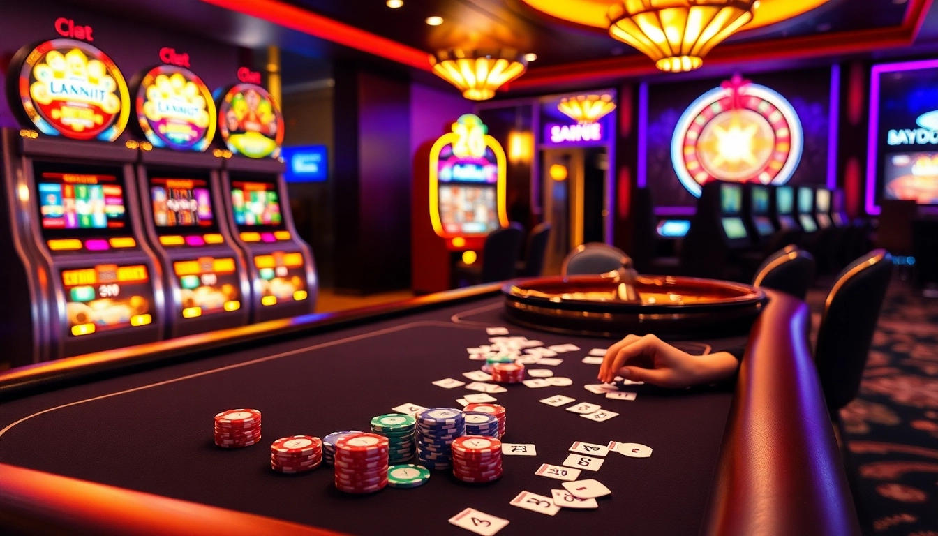 Experience the excitement of gambling at trang chủ king88 with vibrant casino visuals of poker tables and slot machines.