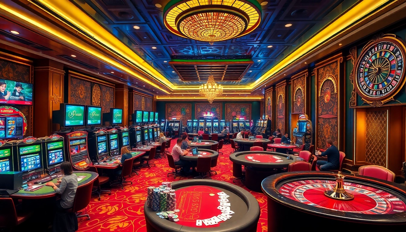 Players enjoying spirited games at a casino featuring 99win04 slot machines and tables.