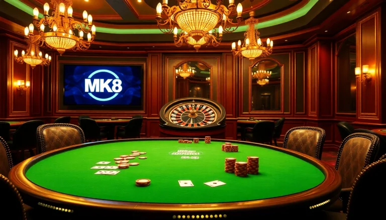 Engaging scene of MK8 gaming at a vibrant casino with high-stakes poker and roulette.