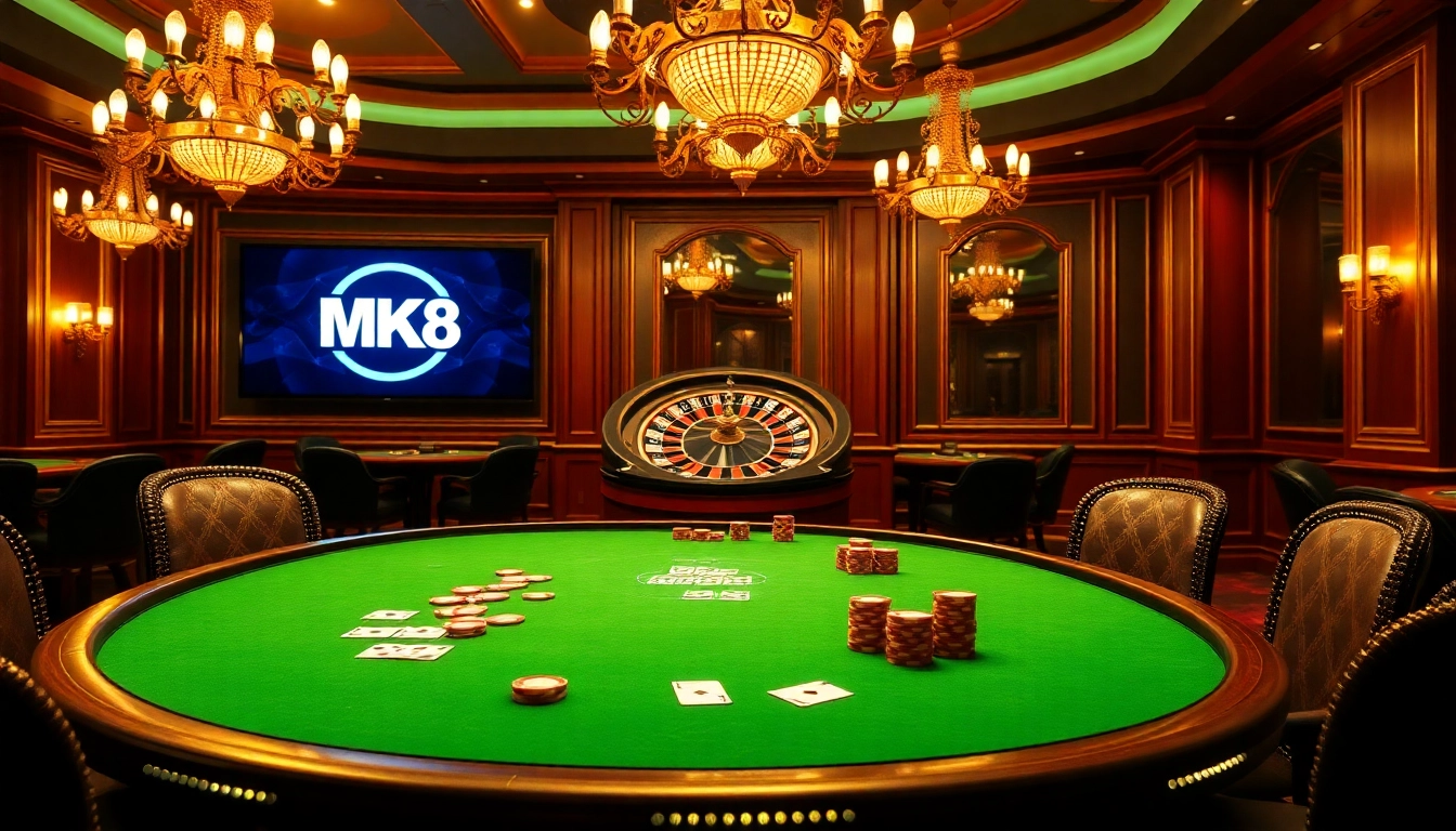 Engaging scene of MK8 gaming at a vibrant casino with high-stakes poker and roulette.
