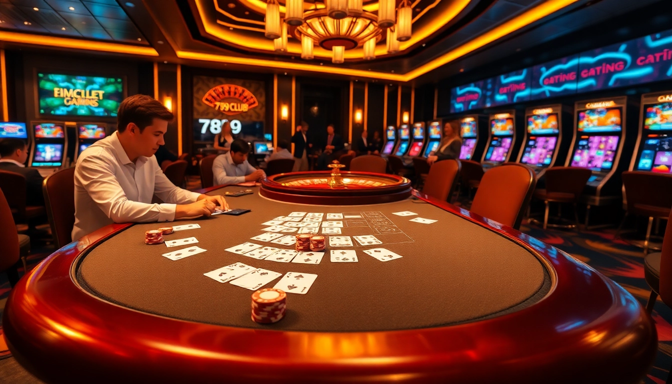 Players winning at 789CLUB with vibrant slot machines and a glamorous casino atmosphere.
