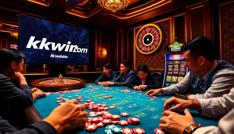 Exciting poker game at kkwin.com with colorful chips and vibrant casino atmosphere.