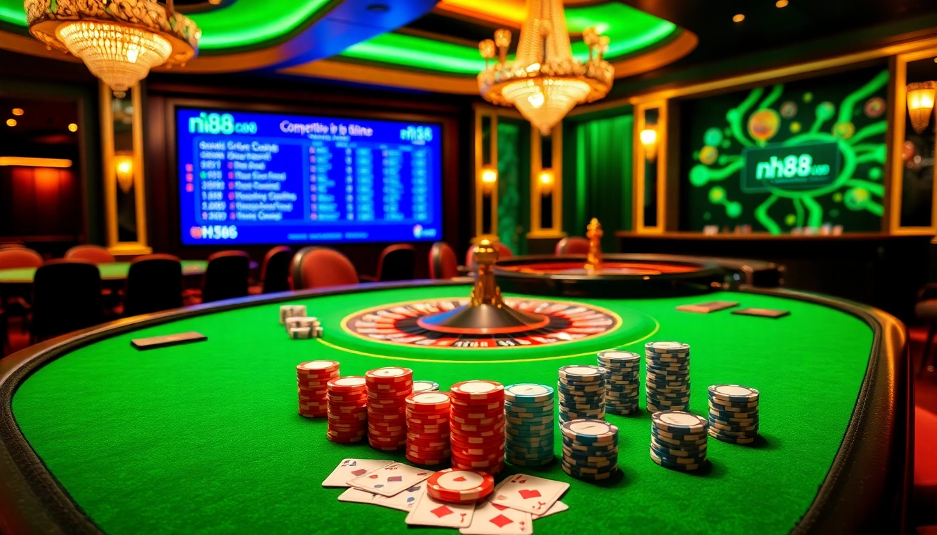 Exciting casino scene showcasing nh88 betting on poker tables with vibrant chips and cards.