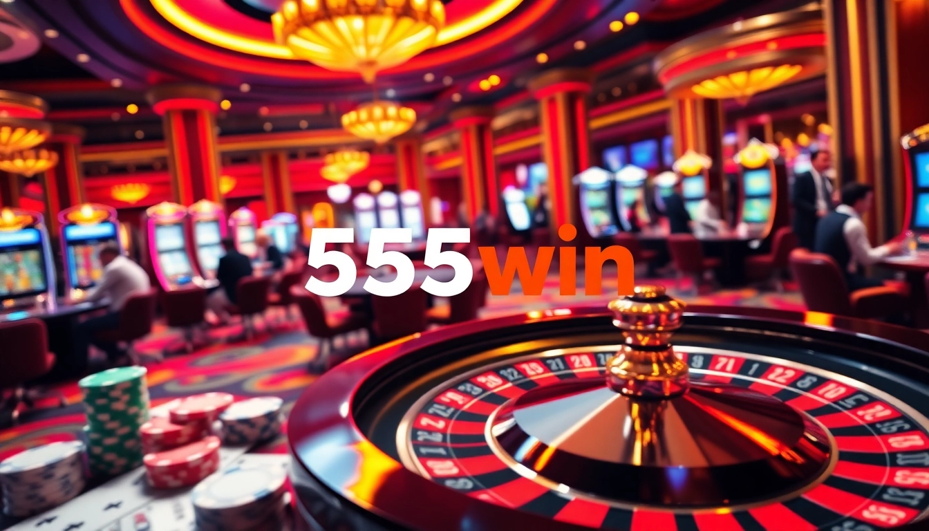 Experience thrilling gameplay at 555win with a vibrant casino atmosphere filled with poker chips and roulette.
