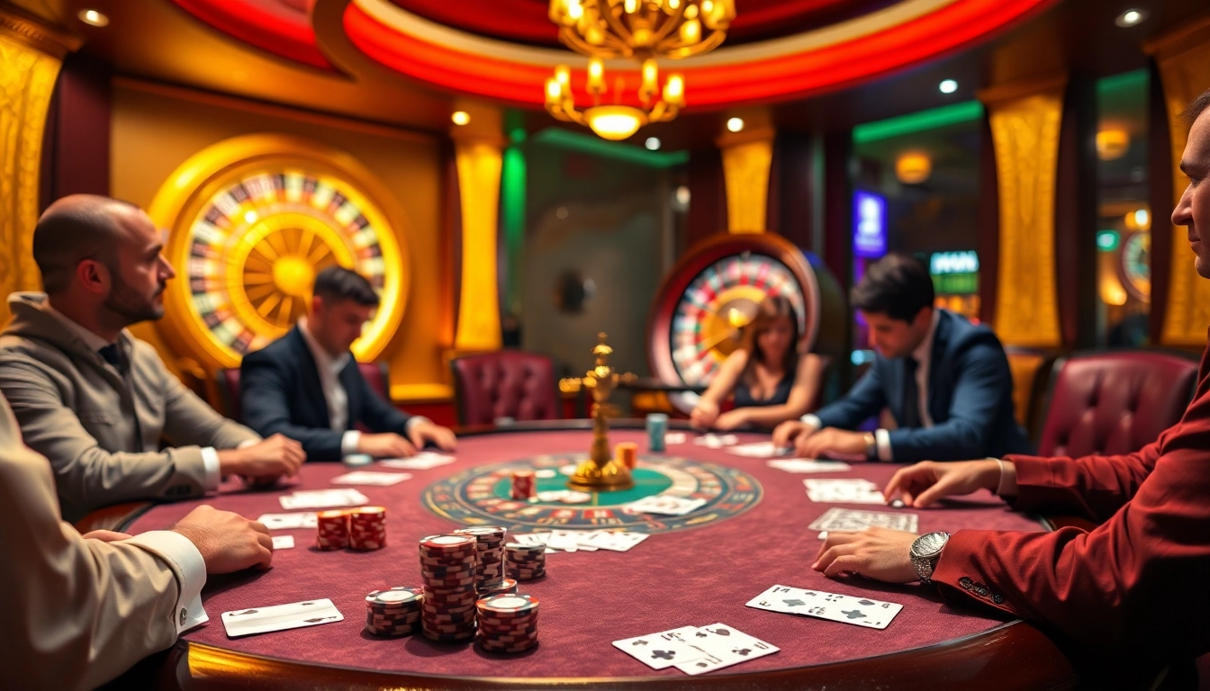 Experience the thrill of poker at an elegant casino, inspired by https://fun793.org/, with vibrant tables, colorful chips, and players in action.