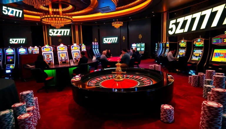 Experience the excitement of 5Z777 gaming with vibrant casino scenes featuring roulette and poker.