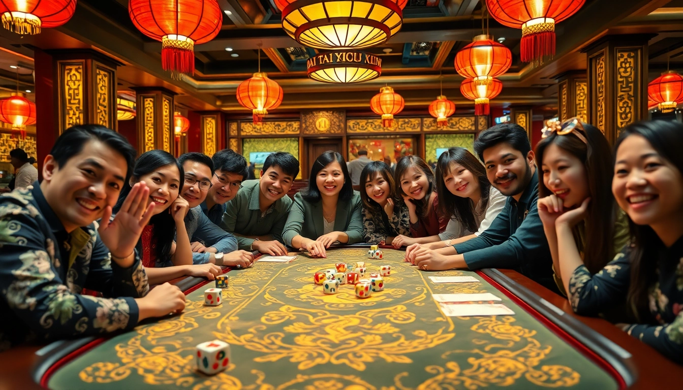 Tai Xiu online gaming table featuring vibrant dice and excited players in a luxury casino.