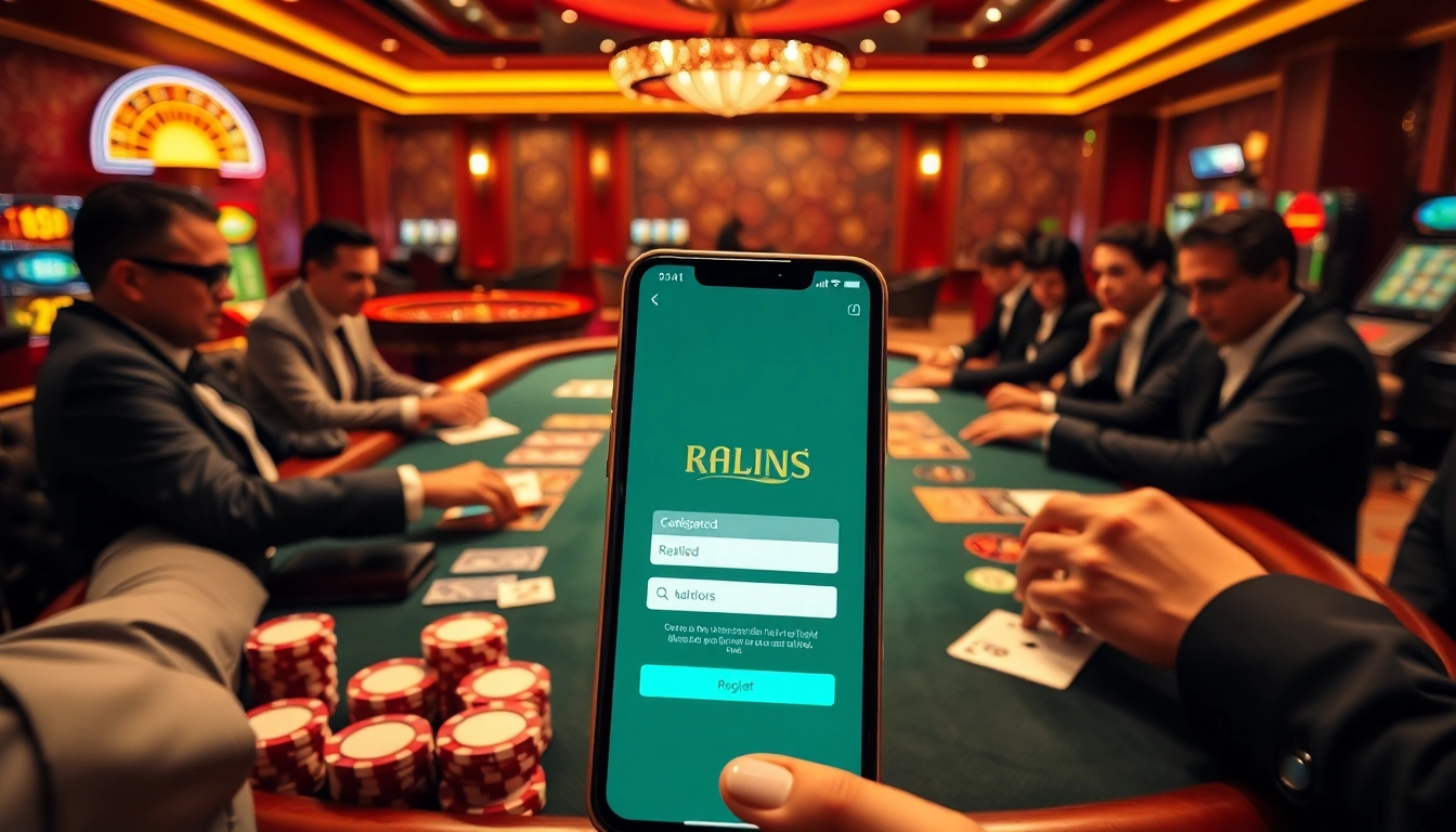 Gamblers registering on a mobile interface at a luxury casino.