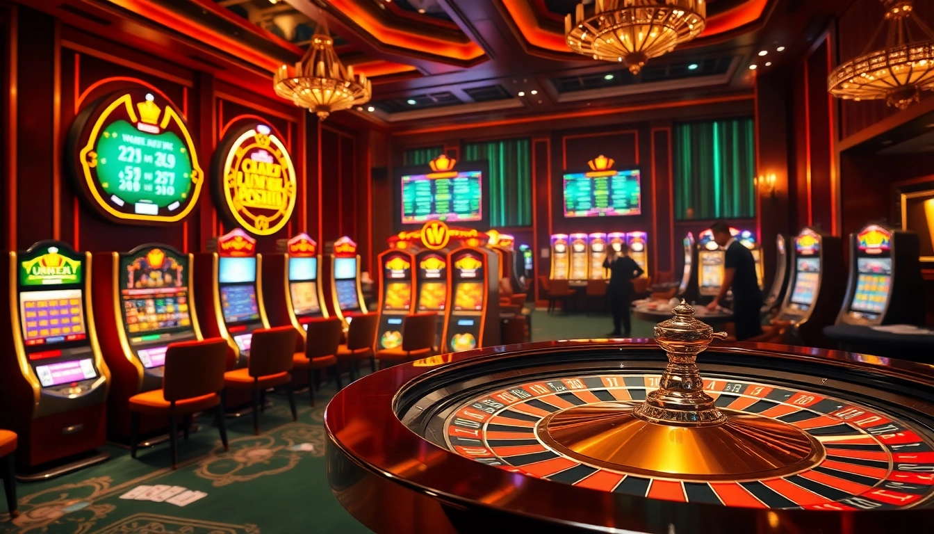 Engage in 바이낸스 회원가입 with a lively casino scene showcasing roulette and slots.
