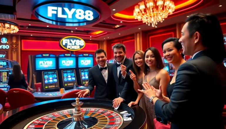 Engaging players enjoying a winning moment at FLY88 casino with poker chips and a roulette wheel.