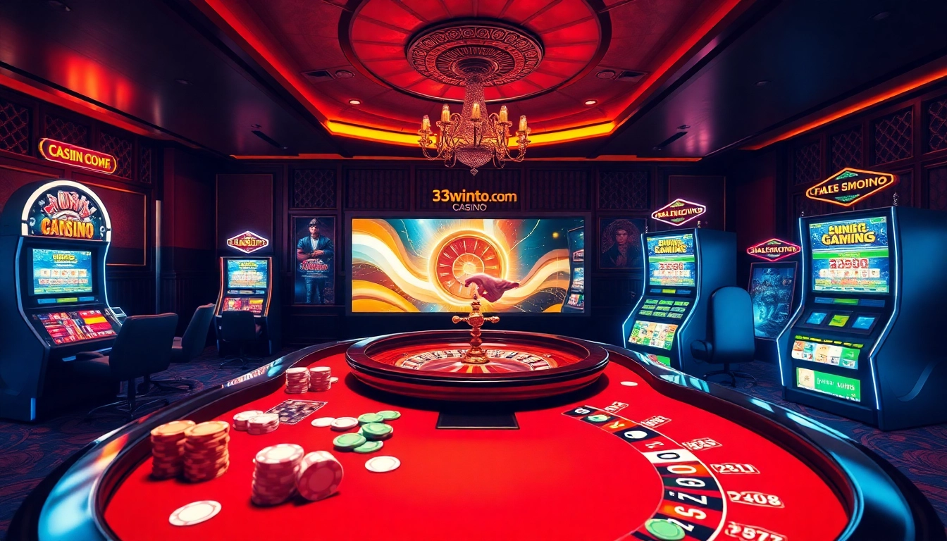 Play games at https://33wintop.com/ while enjoying a vibrant online casino atmosphere filled with poker tables and slot machines.